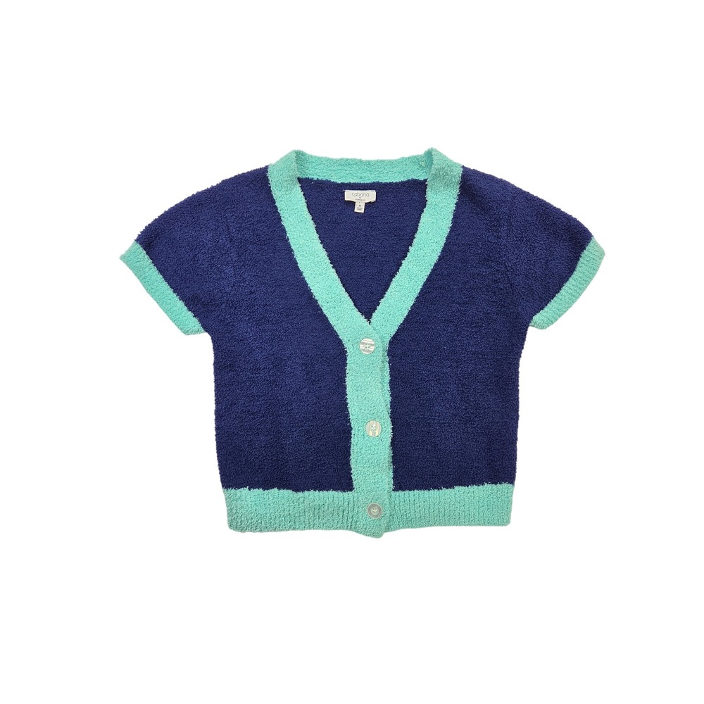 Cabana Short Sleeve V-neck Button down Cardigan Aqua Blue Plush Soft Women Sz M